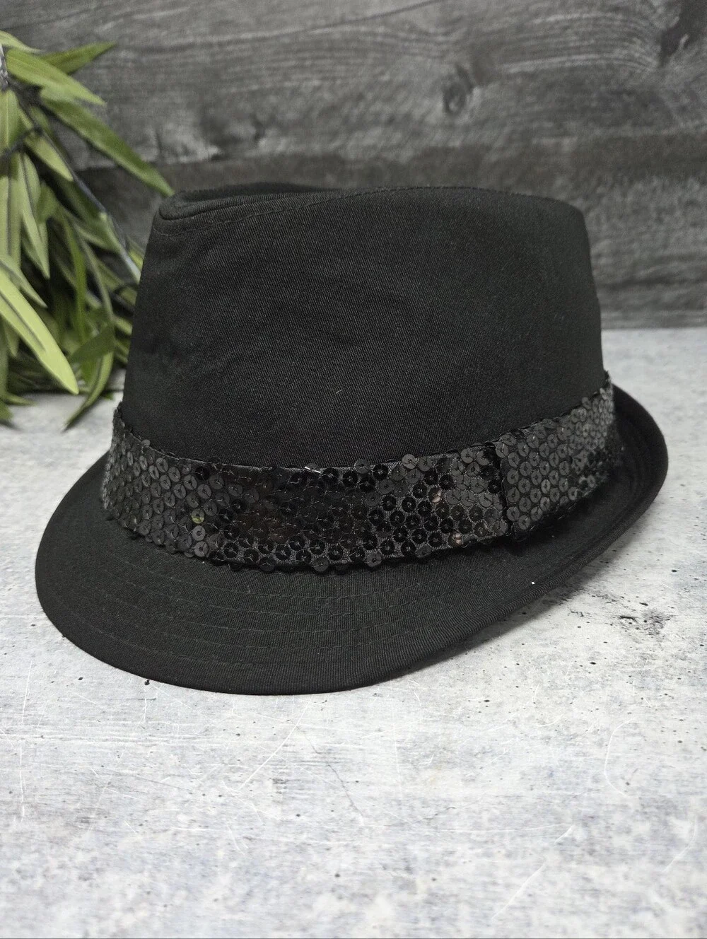 Black Fedora Hat Sequin Trim One Size